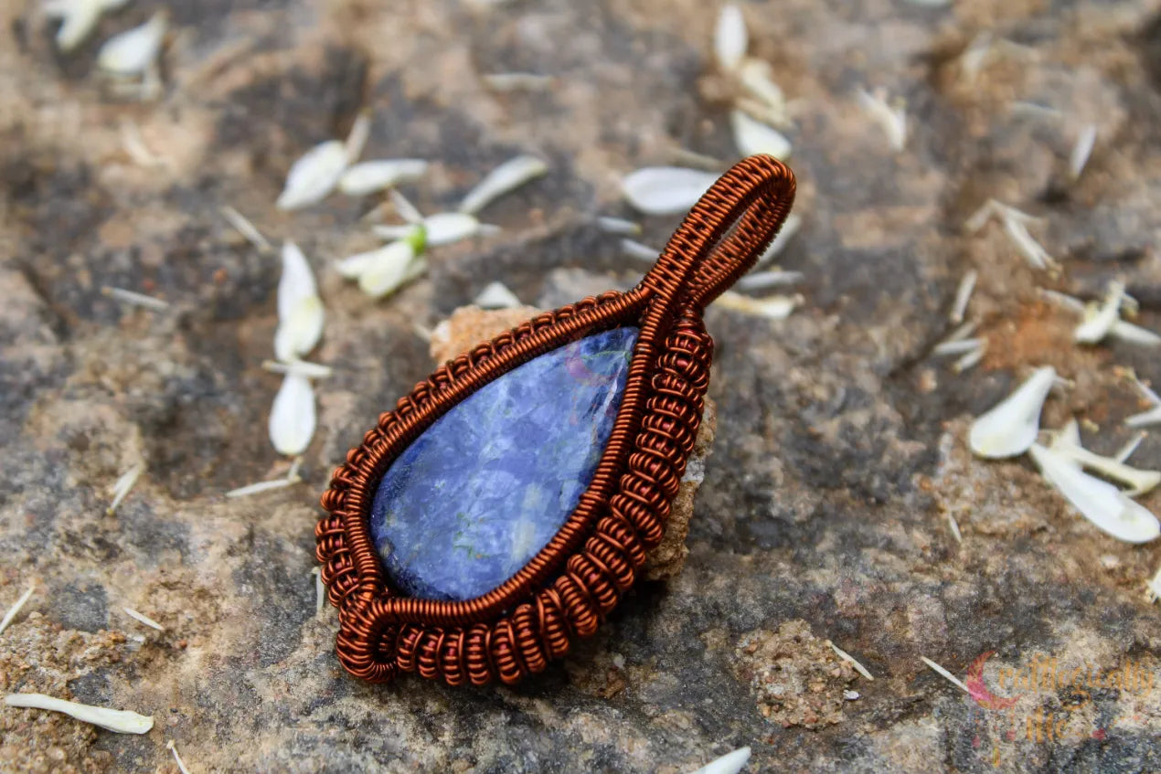 Sodalite Gemstone Drop Coiled Coil Pendant – Handmade Anti-Tarnish Copper Wire Wrapped Jewelry