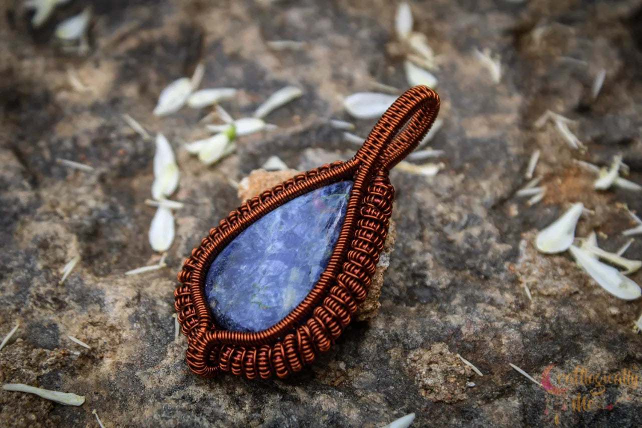 Sodalite Gemstone Drop Coiled Coil Pendant – Handmade Anti-Tarnish Copper Wire Wrapped Jewelry