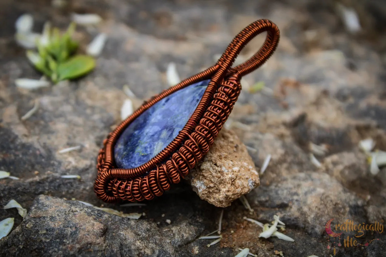 Sodalite Gemstone Drop Coiled Coil Pendant – Handmade Anti-Tarnish Copper Wire Wrapped Jewelry