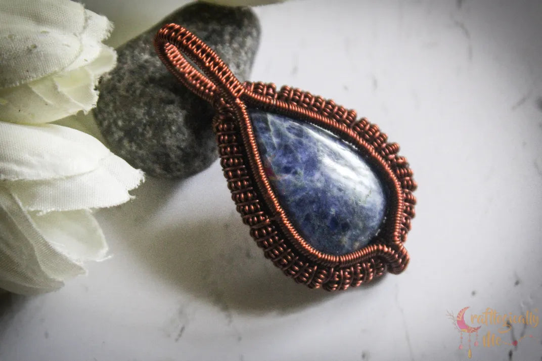 Sodalite Gemstone Drop Coiled Coil Pendant – Handmade Anti-Tarnish Copper Wire Wrapped Jewelry