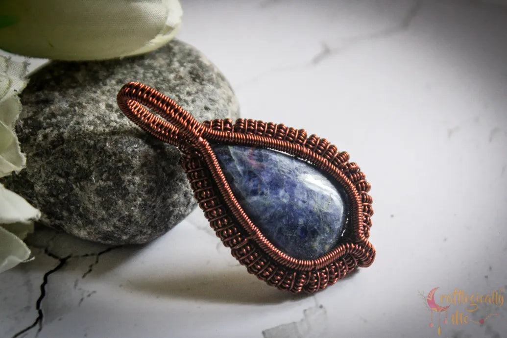 Sodalite Gemstone Drop Coiled Coil Pendant – Handmade Anti-Tarnish Copper Wire Wrapped Jewelry