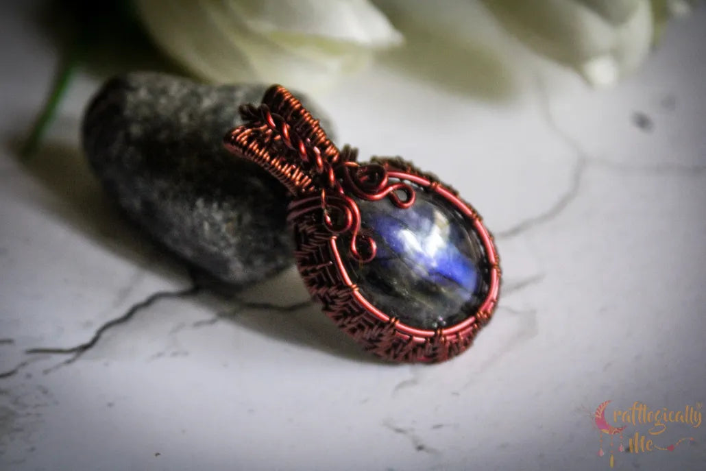 Blue Labradorite Gemstone Oval Frame Mini Pendant – Handmade Anti-Tarnish Copper Wire Wrapped Jewelry