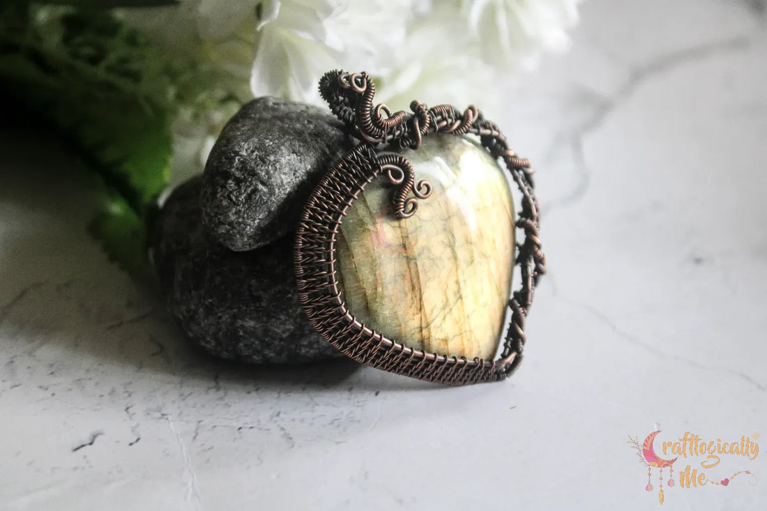 Yellow Flash Labradorite Gemstone Heart Pendant – Oxidized Copper Wire Wrapped Jewelry
