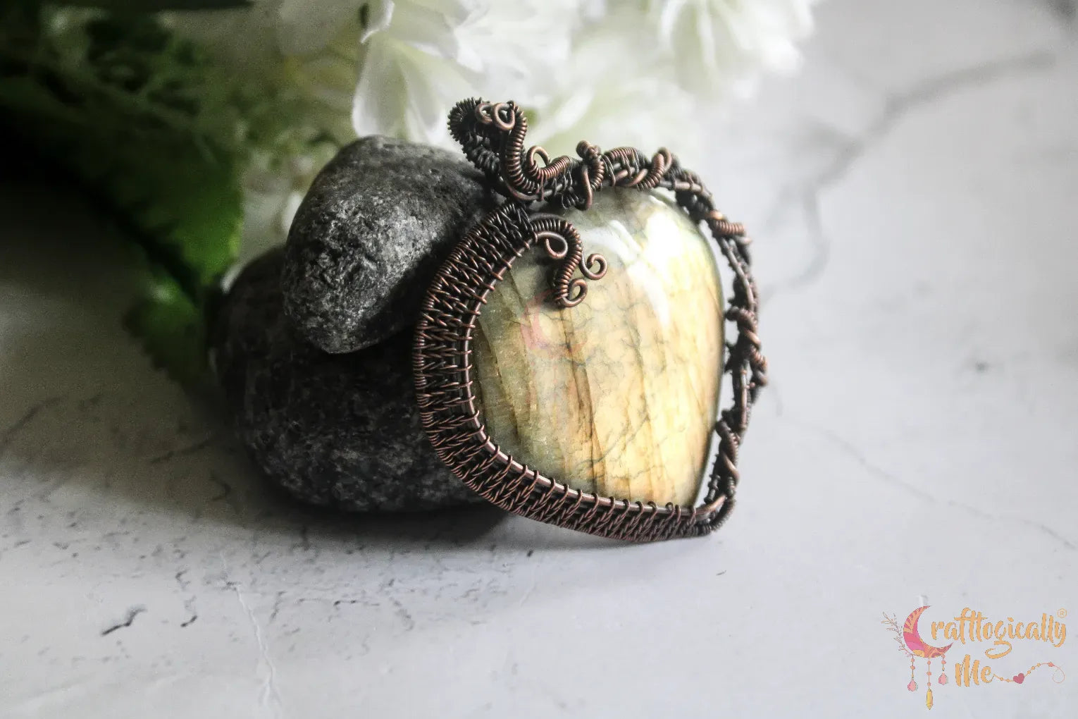 Yellow Flash Labradorite Gemstone Heart Pendant – Oxidized Copper Wire Wrapped Jewelry
