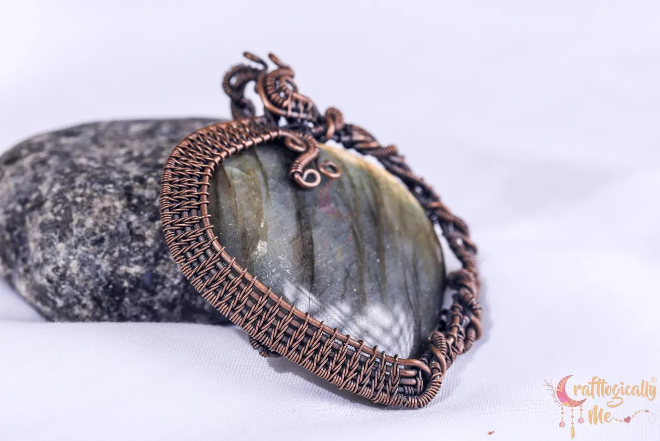 Yellow Flash Labradorite Gemstone Heart Pendant – Oxidized Copper Wire Wrapped Jewelry