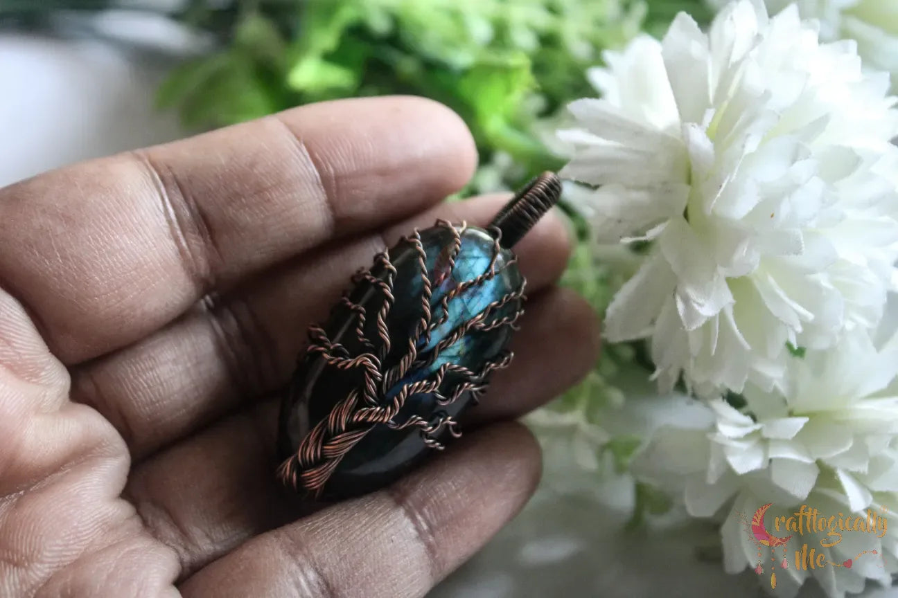 Blue Flash Labradorite Gemstone Braided Tree of Life Pendant – Oxidized Copper Wire Wrapped Jewelry