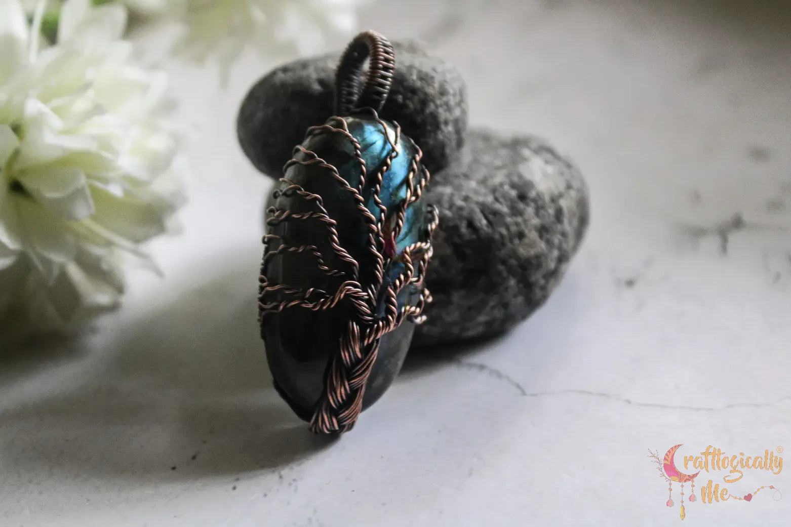 Blue Flash Labradorite Gemstone Braided Tree of Life Pendant – Oxidized Copper Wire Wrapped Jewelry