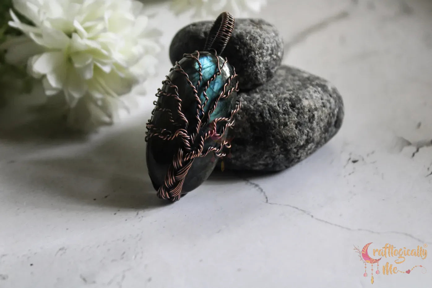 Blue Flash Labradorite Gemstone Braided Tree of Life Pendant – Oxidized Copper Wire Wrapped Jewelry