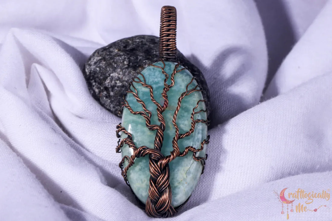 Amazonite Gemstone Braided Tree of Life Pendant – Oxidized Copper Wire Wrapped Jewelry