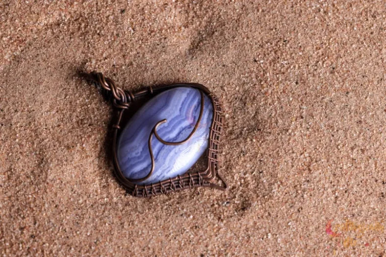 Blue Lace Agate Gemstone Sea Wave Pendant – Oxidized Copper Wire Wrapped Jewelry