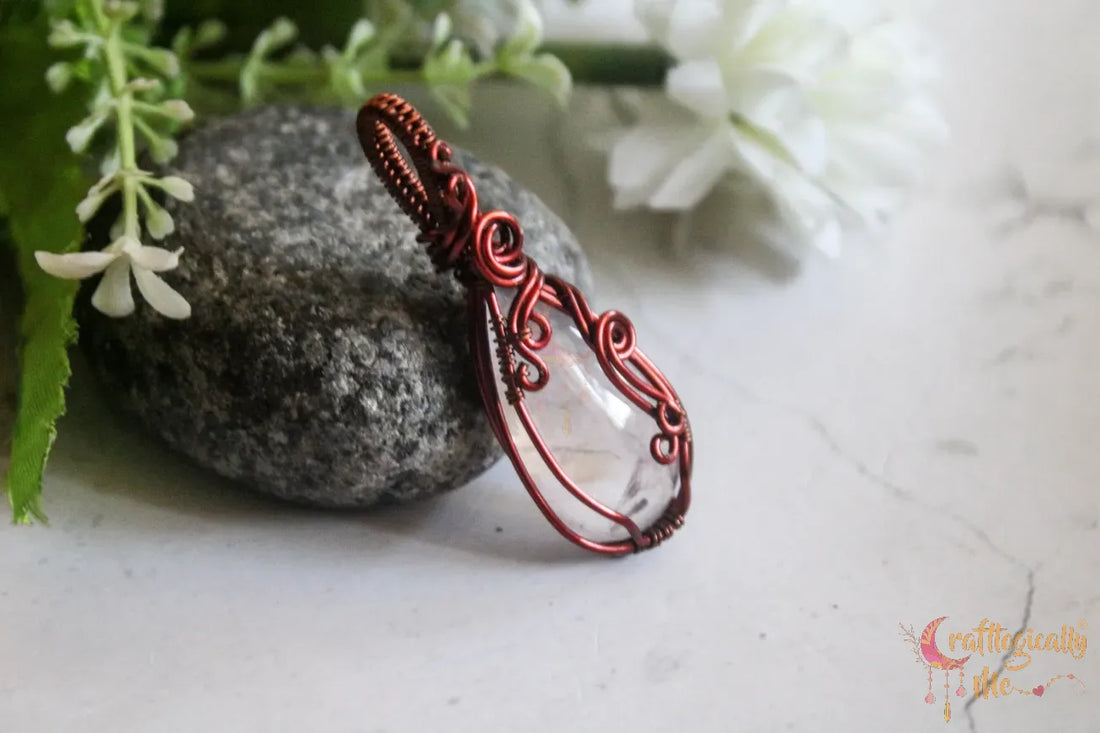 Rose Quartz Gemstone Swirly Wrap Pendant – Handmade Anti-Tarnish Copper Jewelry