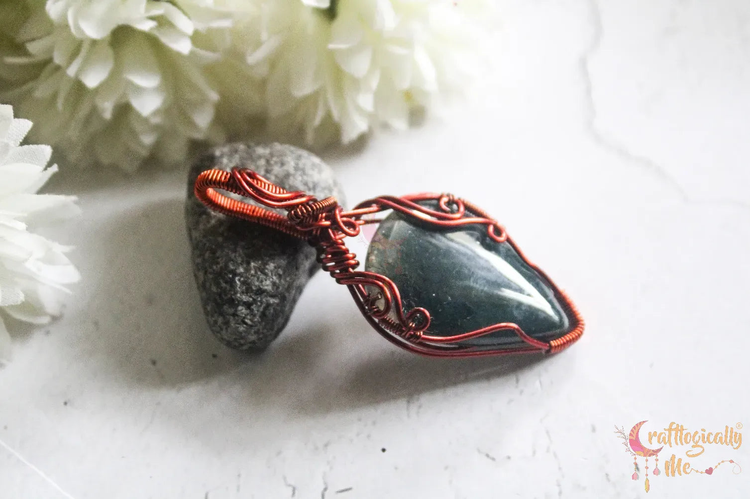 Moss Agate Gemstone Teardrop Minimalistic Wrap Pendant – Handmade Anti-Tarnish Copper Jewelry