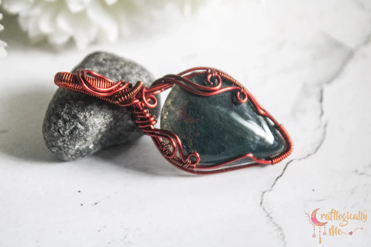 Moss Agate Gemstone Teardrop Minimalistic Wrap Pendant – Handmade Anti-Tarnish Copper Jewelry