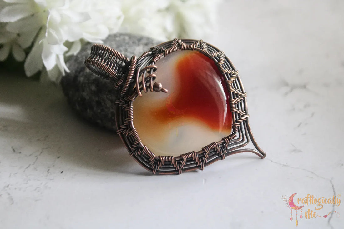 Carnelian Agate Gemstone Heart Wrap Pendant – Handmade Oxidized Copper Wire Jewelry