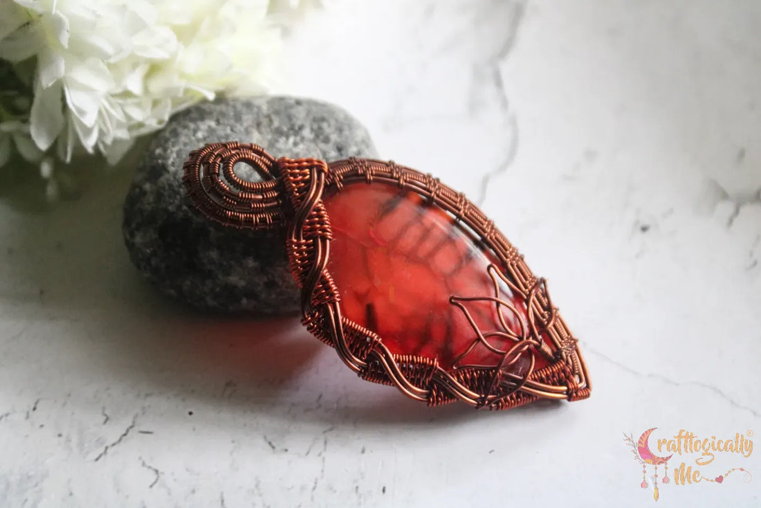 Red Synthetic Gemstone Lotus Criss Cross Wrap Pendant – Handmade Wire Wrapped Jewelry