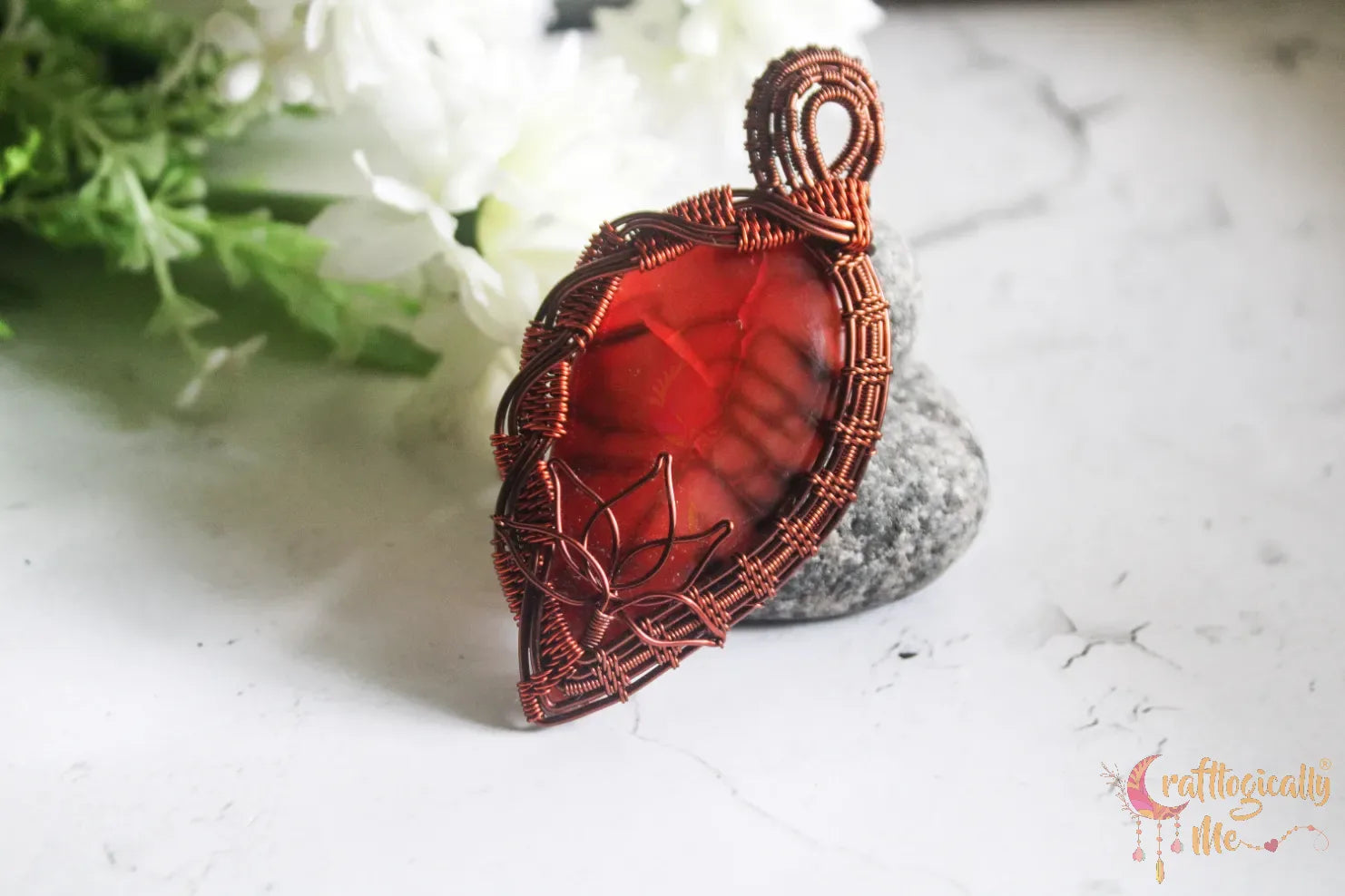 Red Synthetic Gemstone Lotus Criss Cross Wrap Pendant – Handmade Wire Wrapped Jewelry