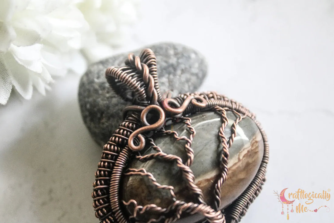 Picture Jasper Gemstone Coiled Coil Tree of Life Pendant – Handmade Oxidized Copper Wire Wrapped Jewelry