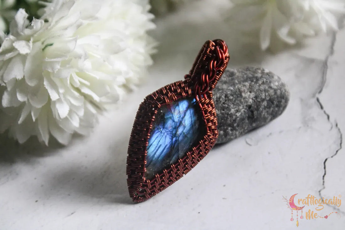 Blue Labradorite Gemstone Diamond Frame Wrap Pendant – Handmade Anti-Tarnish Copper Wire Wrapped Jewelry