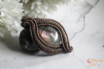 Purple Labradorite Gemstone Coiled Coil Oval Wrap Pendant – Handmade Oxidized Copper Wire Wrapped Jewelry