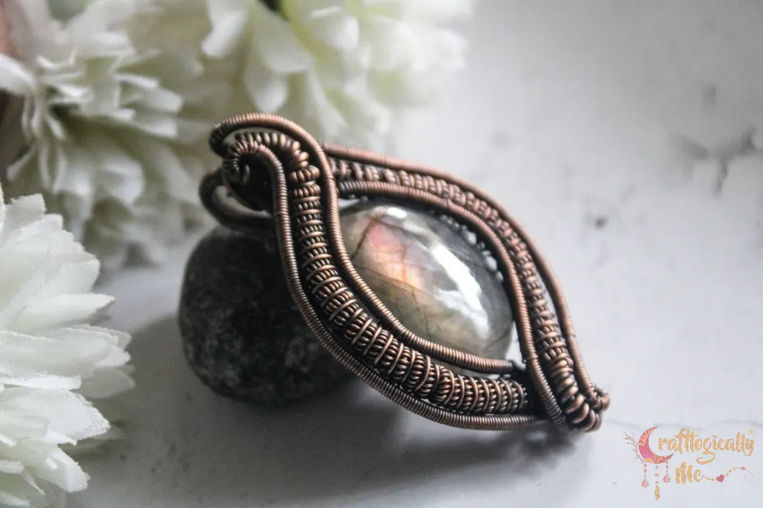Purple Labradorite Gemstone Coiled Coil Oval Wrap Pendant – Handmade Oxidized Copper Wire Wrapped Jewelry