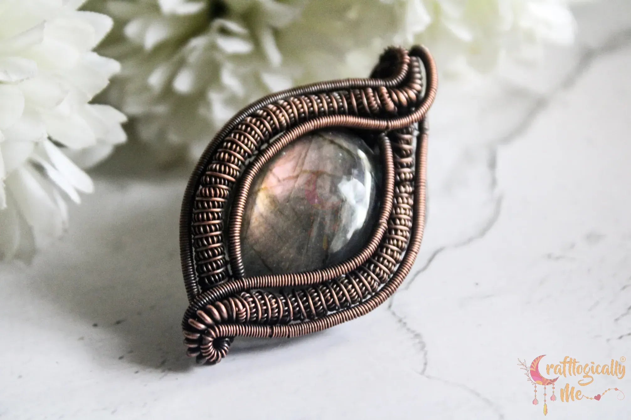 Purple Labradorite Gemstone Coiled Coil Oval Wrap Pendant – Handmade Oxidized Copper Wire Wrapped Jewelry