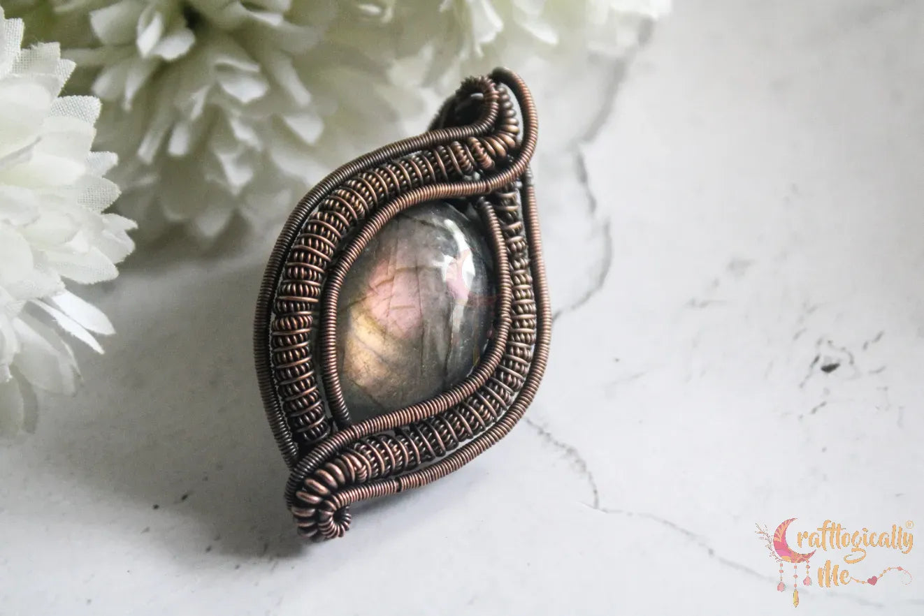 Purple Labradorite Gemstone Coiled Coil Oval Wrap Pendant – Handmade Oxidized Copper Wire Wrapped Jewelry