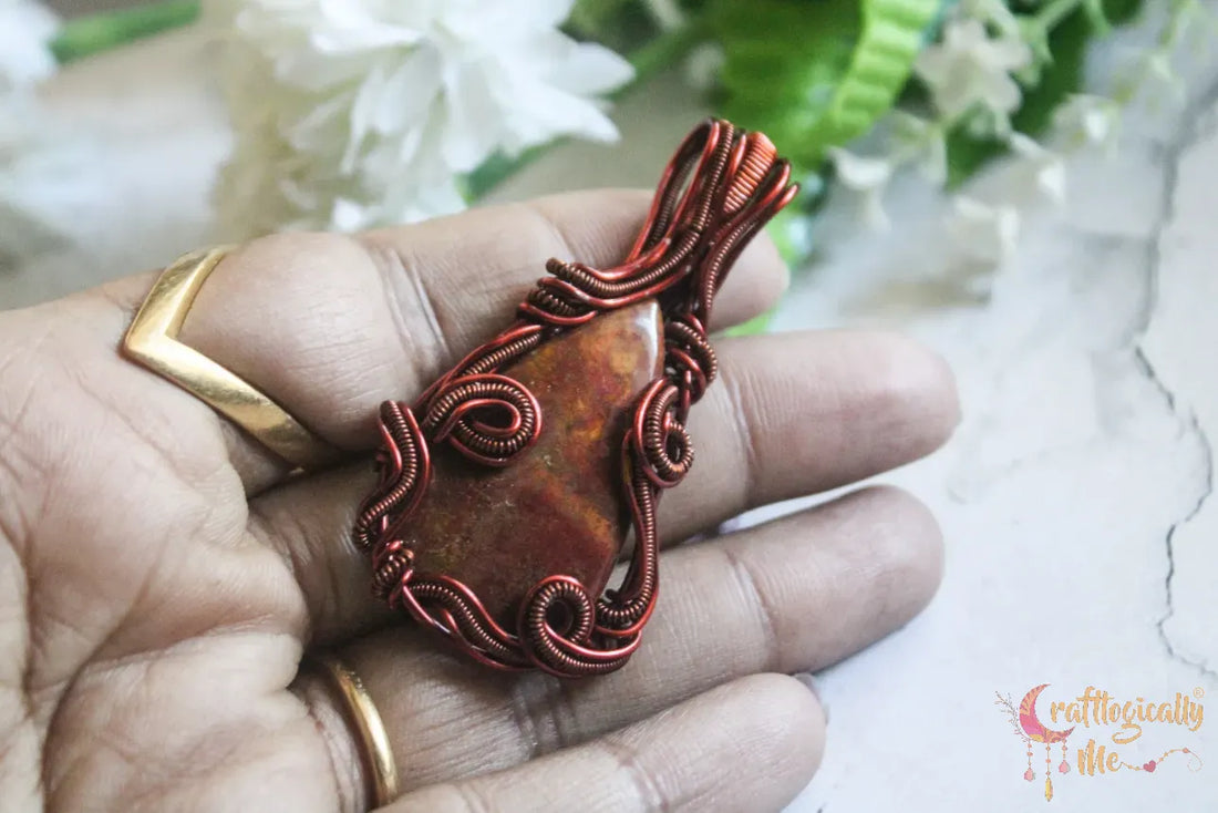Red Moss Agate Gemstone Swirly Woven Wrap Pendant – Handmade Wire Wrapped Gemstone Jewelry