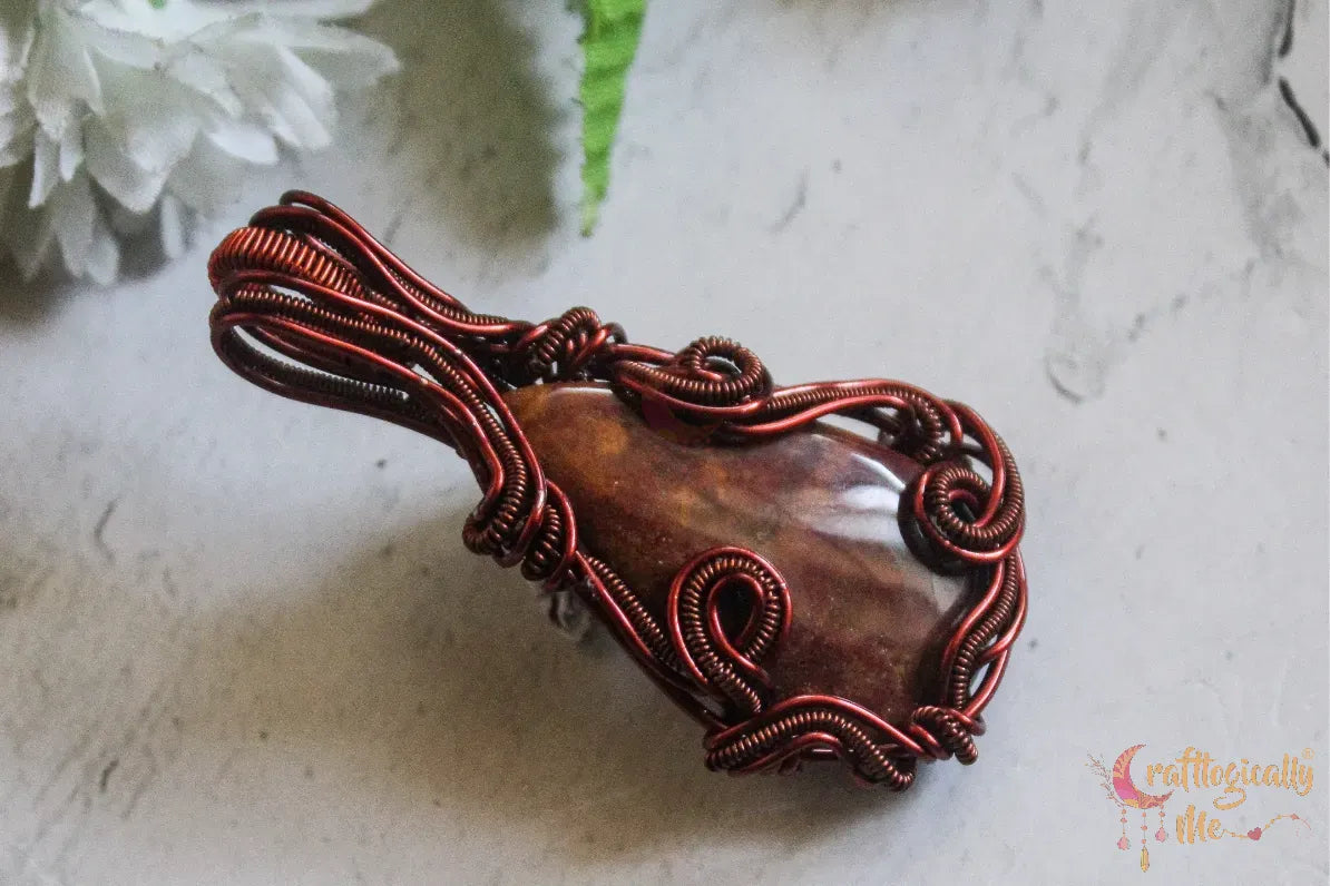 Red Moss Agate Gemstone Swirly Woven Wrap Pendant – Handmade Wire Wrapped Gemstone Jewelry