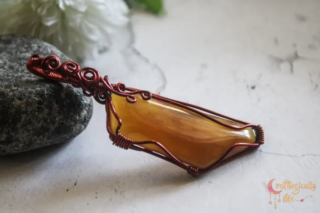 Yellow Agate Cleaver Wrap Pendant – Handmade Wire Wrapped Gemstone Jewelry