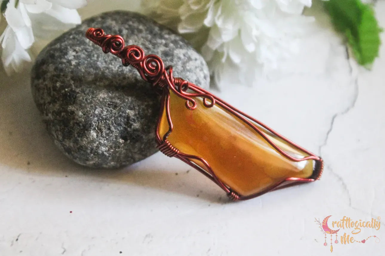 Yellow Agate Cleaver Wrap Pendant – Handmade Wire Wrapped Gemstone Jewelry