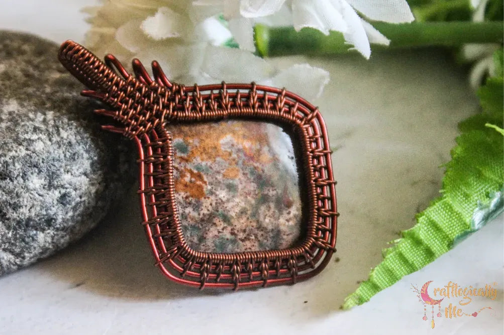Ocean Jasper Gemstone Woven Frame Wrap Pendant – Handmade Diamond-Shaped Wire Wrapped Jewelry