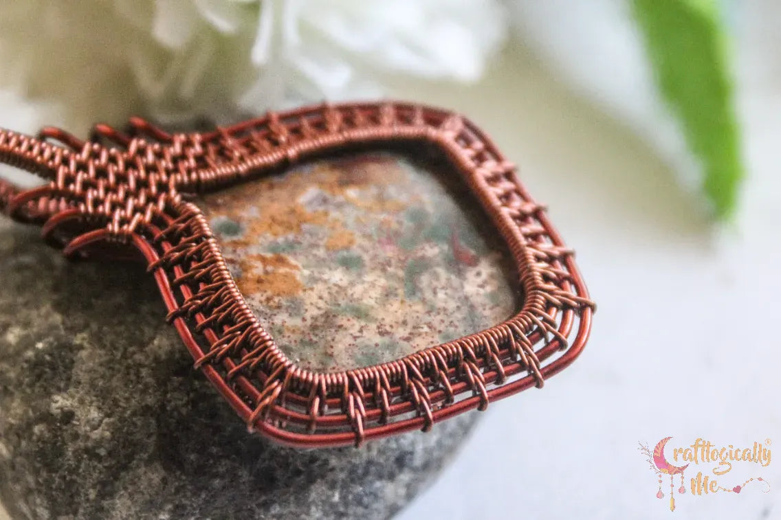 Ocean Jasper Gemstone Woven Frame Wrap Pendant – Handmade Diamond-Shaped Wire Wrapped Jewelry