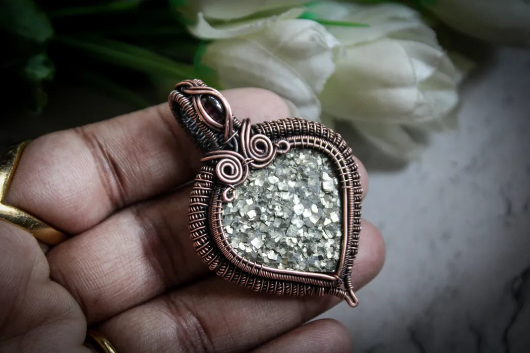Pyrite and Garnet Gemstone Heart Wrap Oxidized Copper Pendant – Handmade Wire Wrapped Jewelry for Abundance