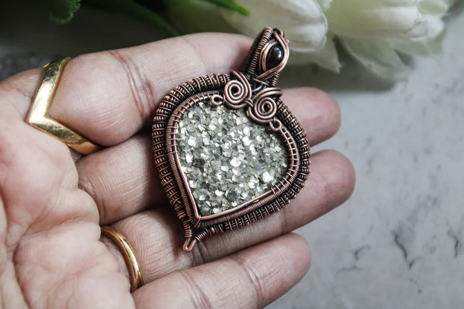 Pyrite and Garnet Gemstone Heart Wrap Oxidized Copper Pendant – Handmade Wire Wrapped Jewelry for Abundance