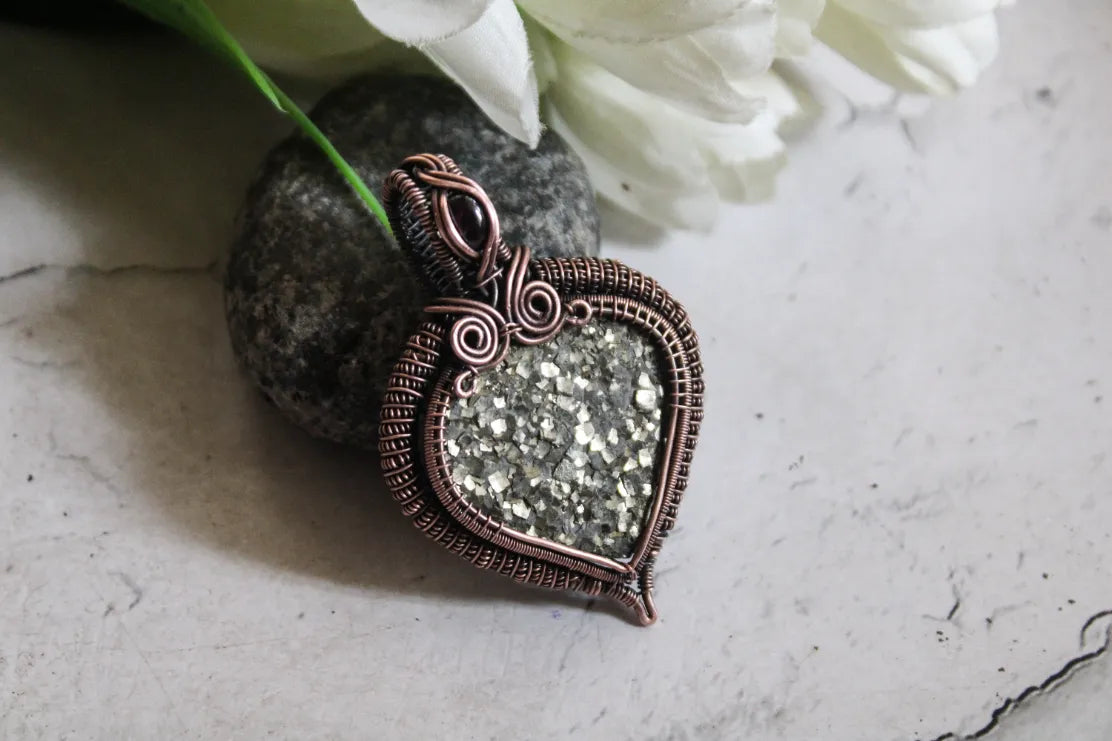 Pyrite and Garnet Gemstone Heart Wrap Oxidized Copper Pendant – Handmade Wire Wrapped Jewelry for Abundance