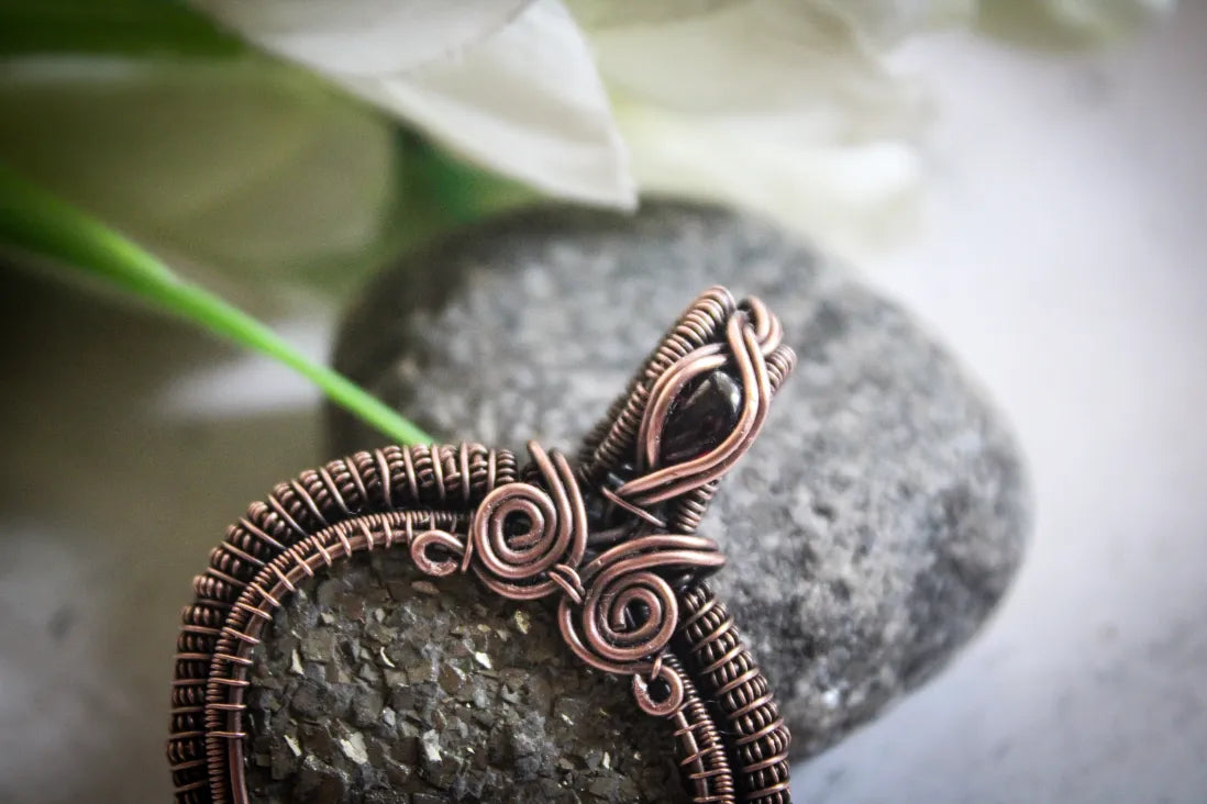 Pyrite and Garnet Gemstone Heart Wrap Oxidized Copper Pendant – Handmade Wire Wrapped Jewelry for Abundance
