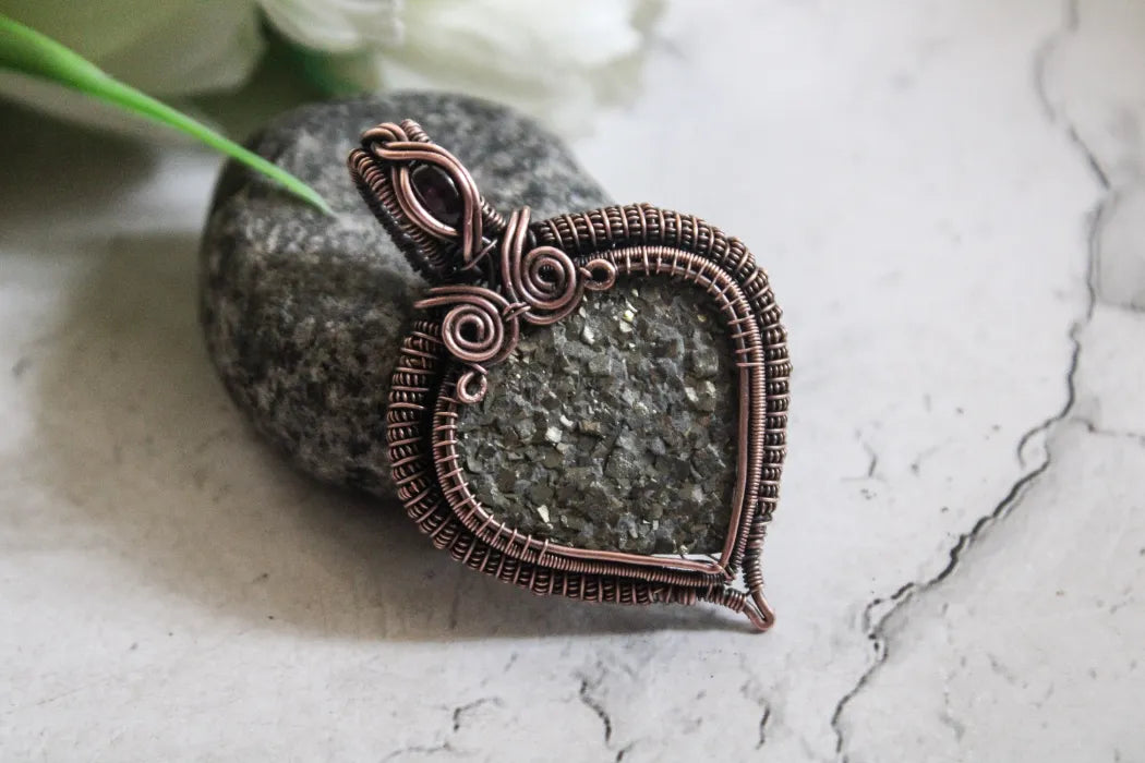 Pyrite and Garnet Gemstone Heart Wrap Oxidized Copper Pendant – Handmade Wire Wrapped Jewelry for Abundance