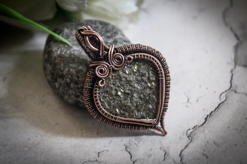 Pyrite and Garnet Gemstone Heart Wrap Oxidized Copper Pendant – Handmade Wire Wrapped Jewelry for Abundance