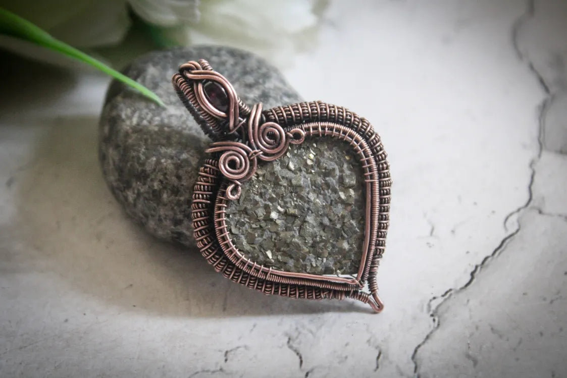 Pyrite and Garnet Gemstone Heart Wrap Oxidized Copper Pendant – Handmade Wire Wrapped Jewelry for Abundance