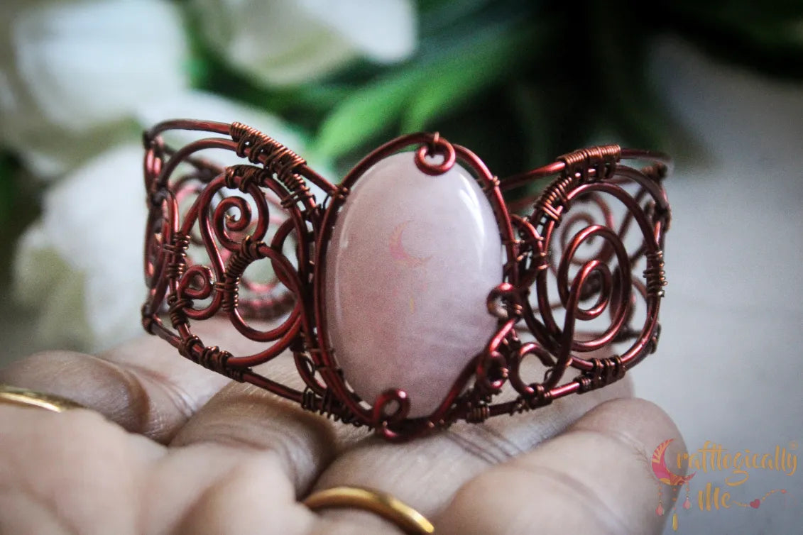 Rose Quartz Gemstone Wire Wrapped Bracelet Cuff – Handmade Jewelry
