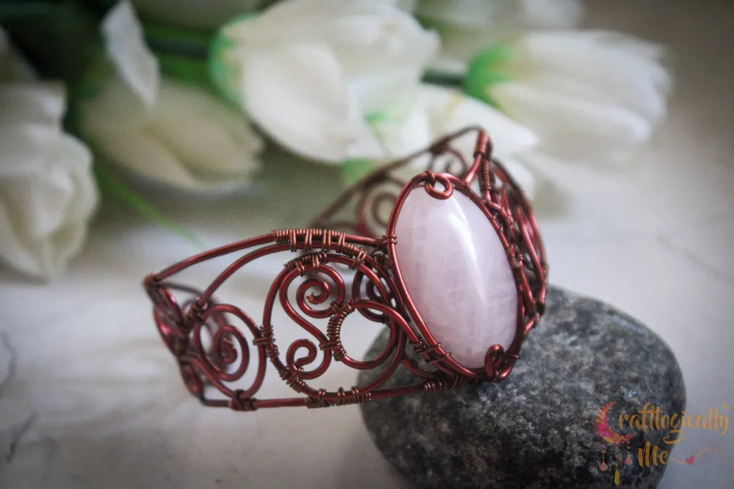 Rose Quartz Gemstone Wire Wrapped Bracelet Cuff – Handmade Jewelry