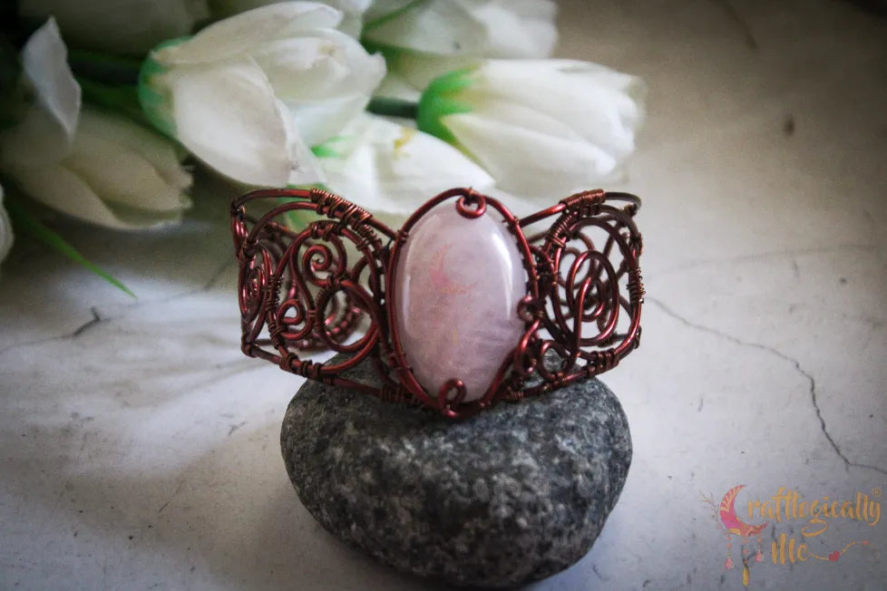 Rose Quartz Gemstone Wire Wrapped Bracelet Cuff – Handmade Jewelry