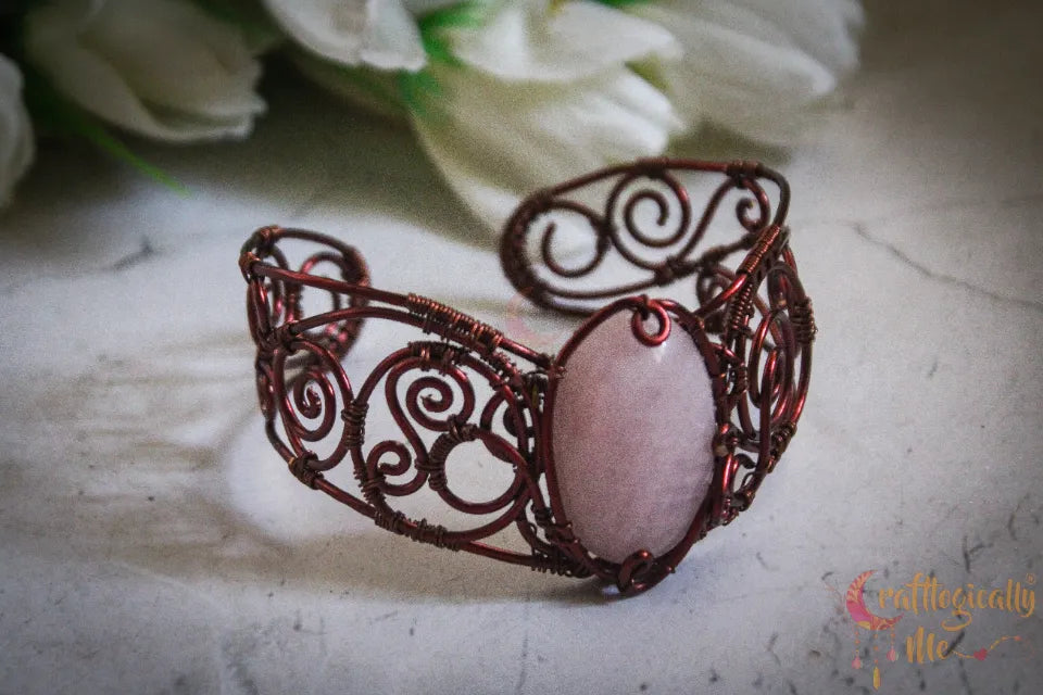 Rose Quartz Gemstone Wire Wrapped Bracelet Cuff – Handmade Jewelry