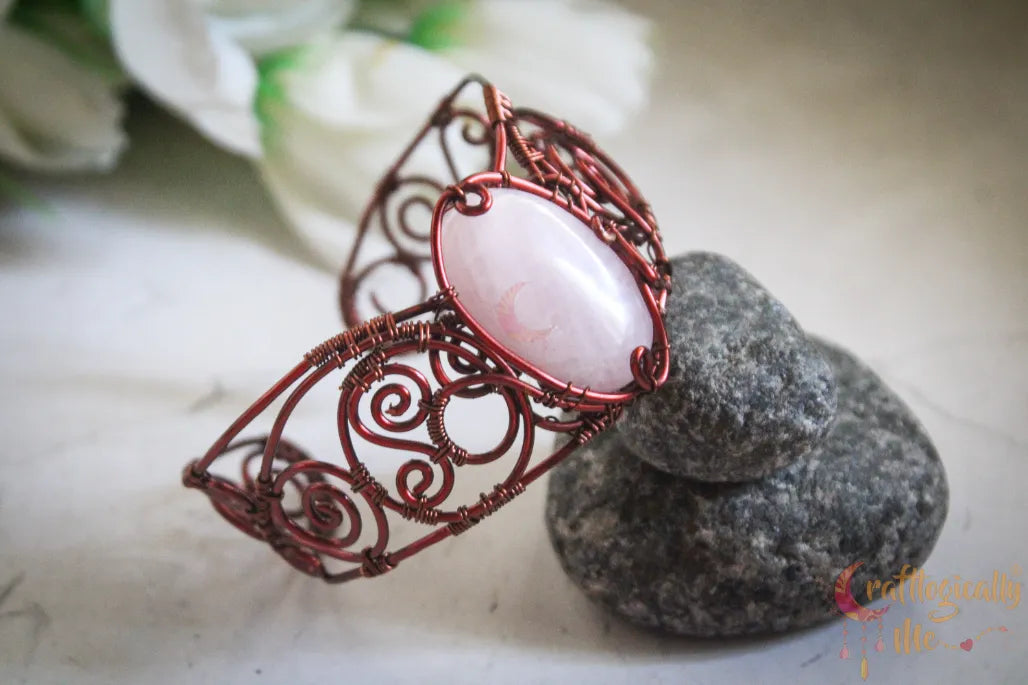 Rose Quartz Gemstone Wire Wrapped Bracelet Cuff – Handmade Jewelry