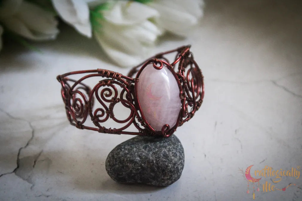 Rose Quartz Gemstone Wire Wrapped Bracelet Cuff – Handmade Jewelry