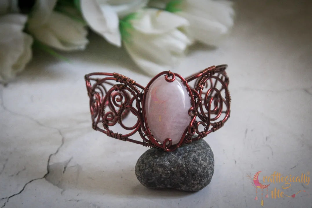 Rose Quartz Gemstone Wire Wrapped Bracelet Cuff – Handmade Jewelry
