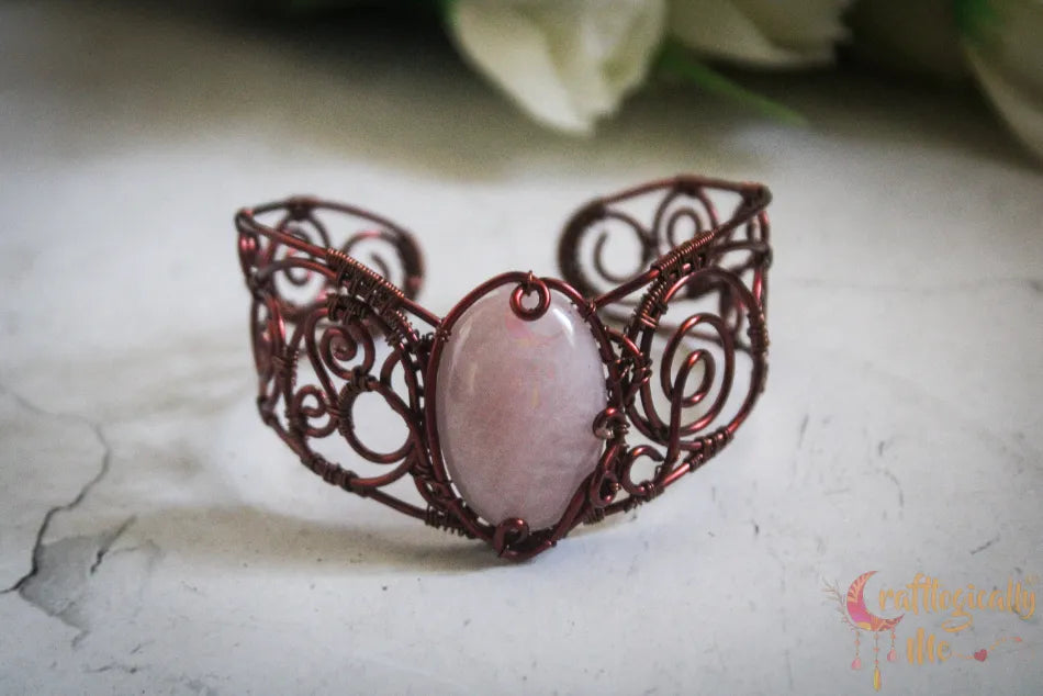 Rose Quartz Gemstone Wire Wrapped Bracelet Cuff – Handmade Jewelry