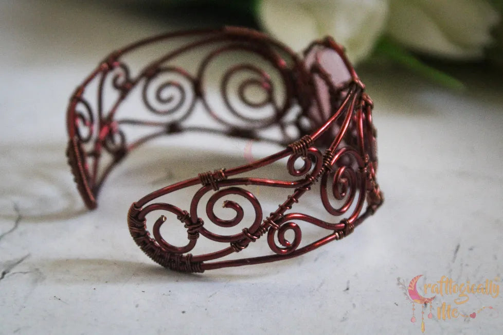 Rose Quartz Gemstone Wire Wrapped Bracelet Cuff – Handmade Jewelry