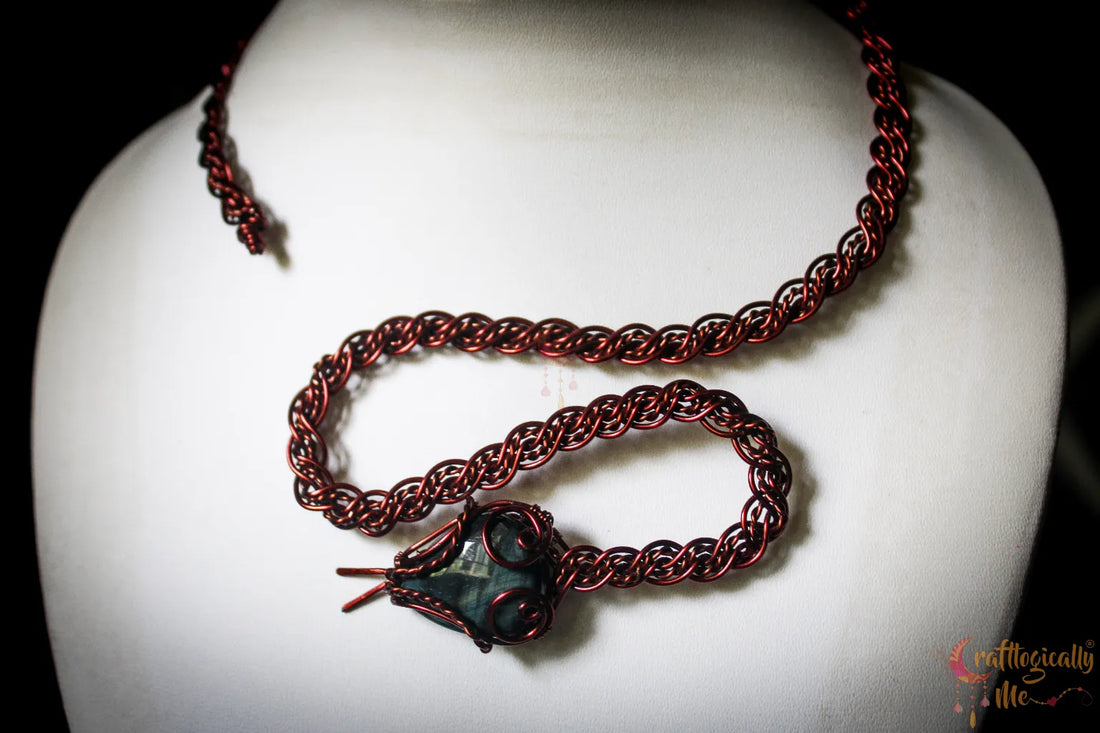 Blue Tiger’s Eye Gemstone Braided Snake Collar In Anti-Tarnish Copper – Handmade Wire Wrapped Statement Jewelry