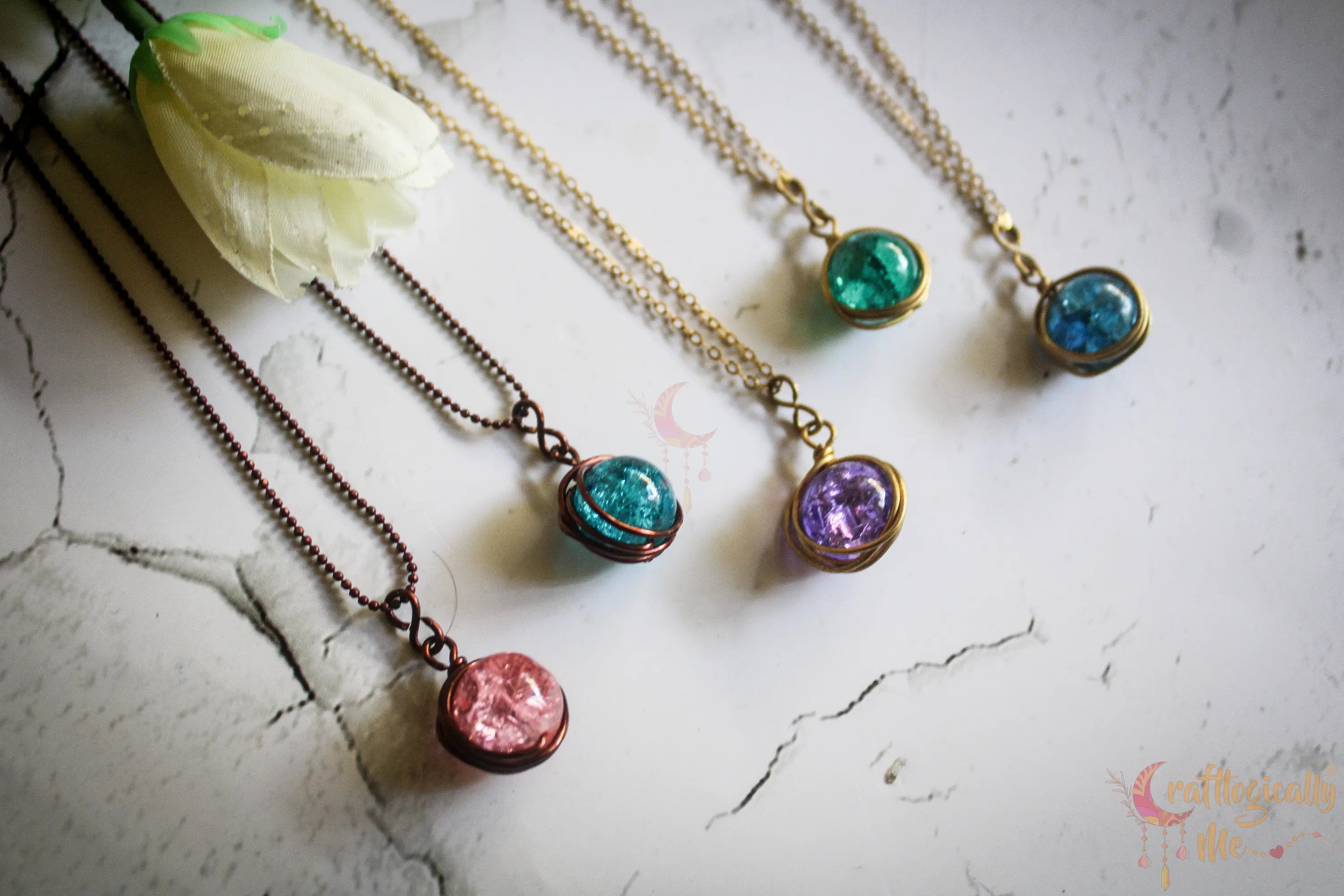 Crackle Bead Round Wrap Pendant – Handmade Wire Wrapped Glass Jewelry